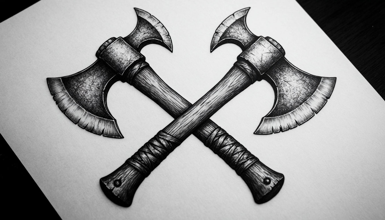 Татуировка в виде двух скрещенных топоров с гравировкой