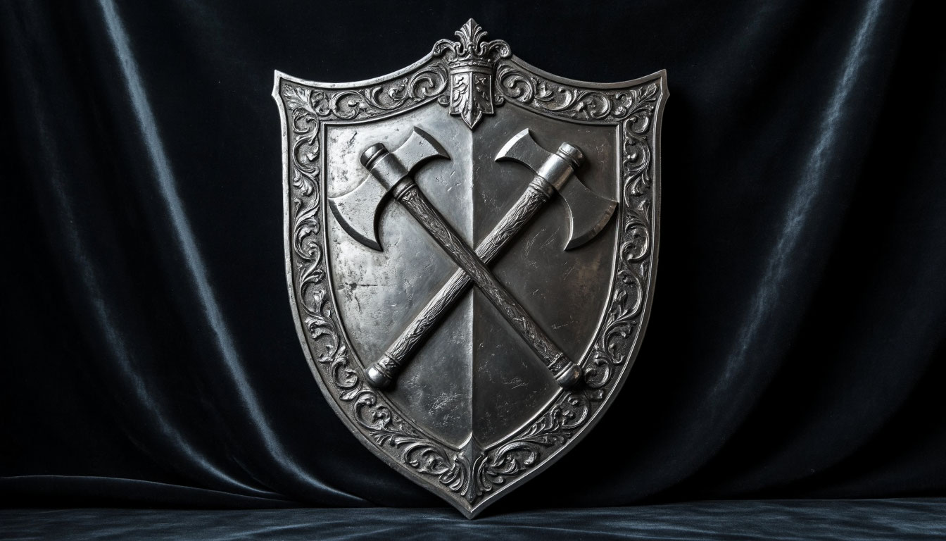 Геральдический щит с рельефным изображением двух скрещенных топоров