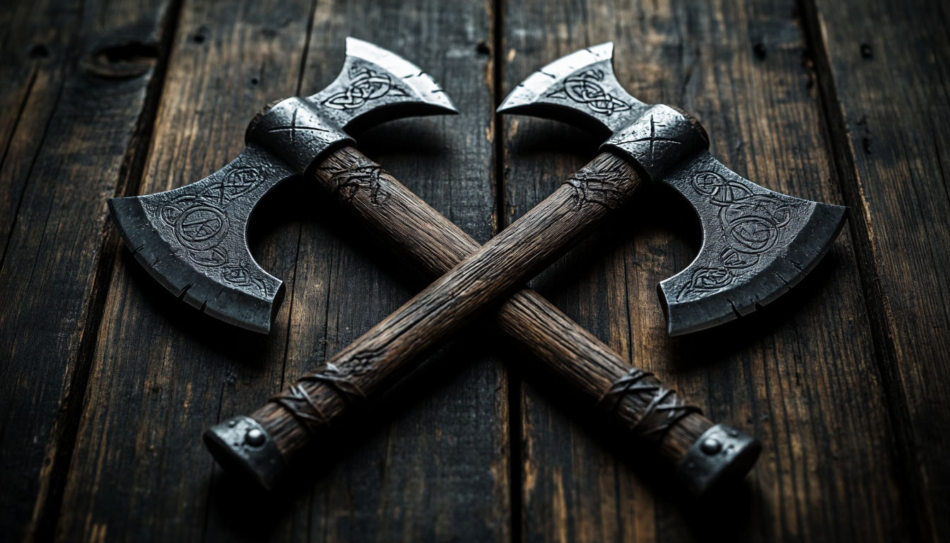 Два скрещенных железных топора на фоне старого дерева