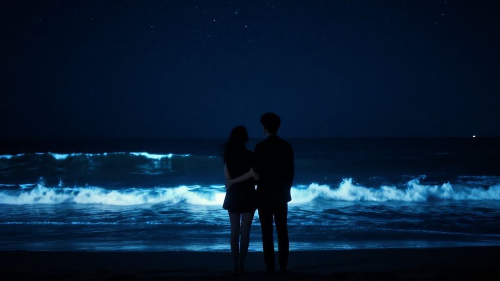 Парень обнимает девушку за талию на ночном пляже