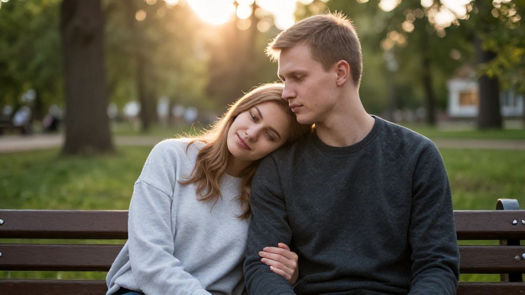 Девушка положила голову на плечо парню в парке