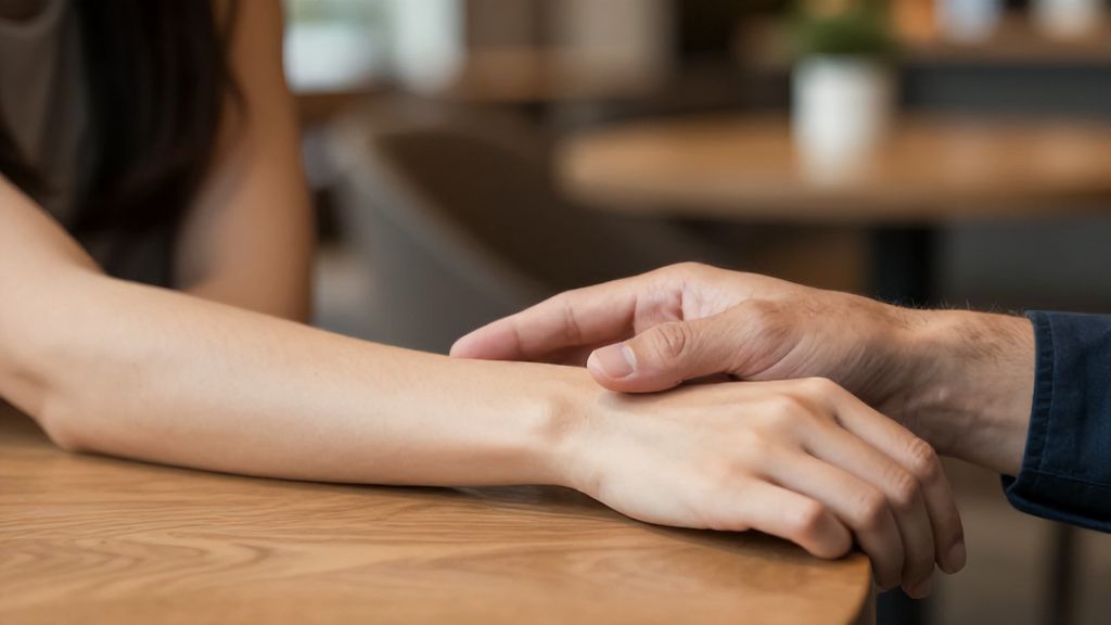 Нежное прикосновение к руке во время свидания в кафе