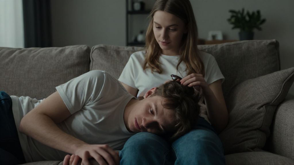 Парень лежит на коленях у девушки, она гладит его по голове