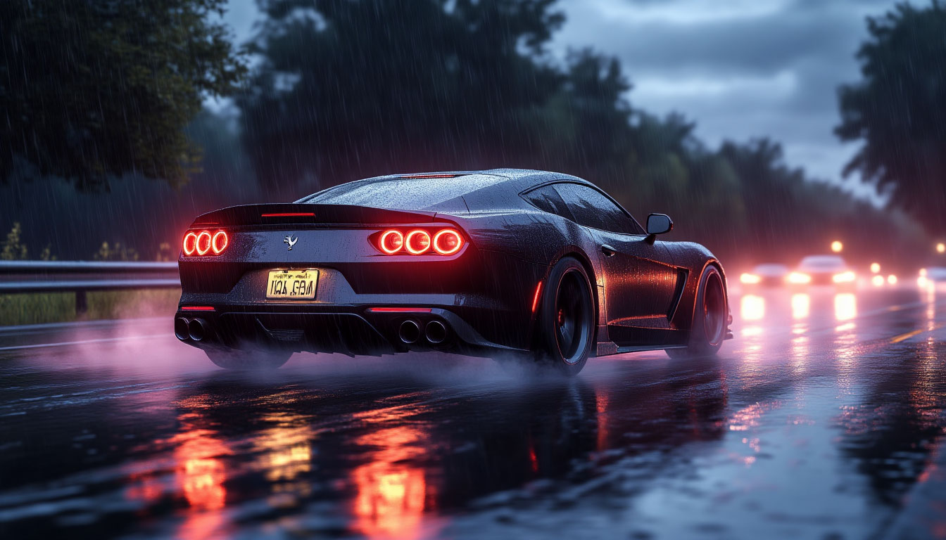 Эффект дождя и мокрого асфальта в игре BeamNG Drive на ночной трассе.