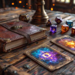 Самодельные карты заклинаний D&D на игровом столе с кубиками
