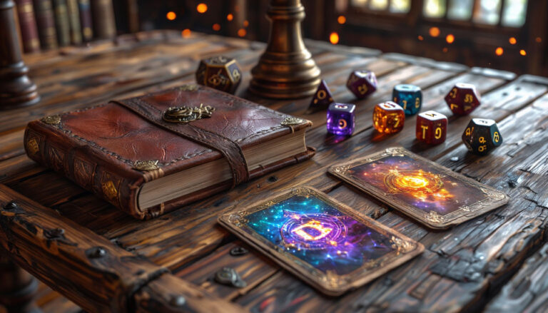 Самодельные карты заклинаний D&D на игровом столе с кубиками