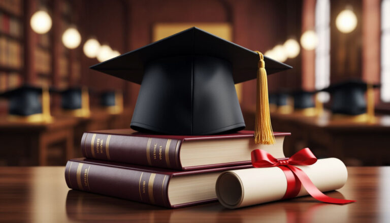 Праздничная открытка с магистерской шапкой и дипломом на книгах.