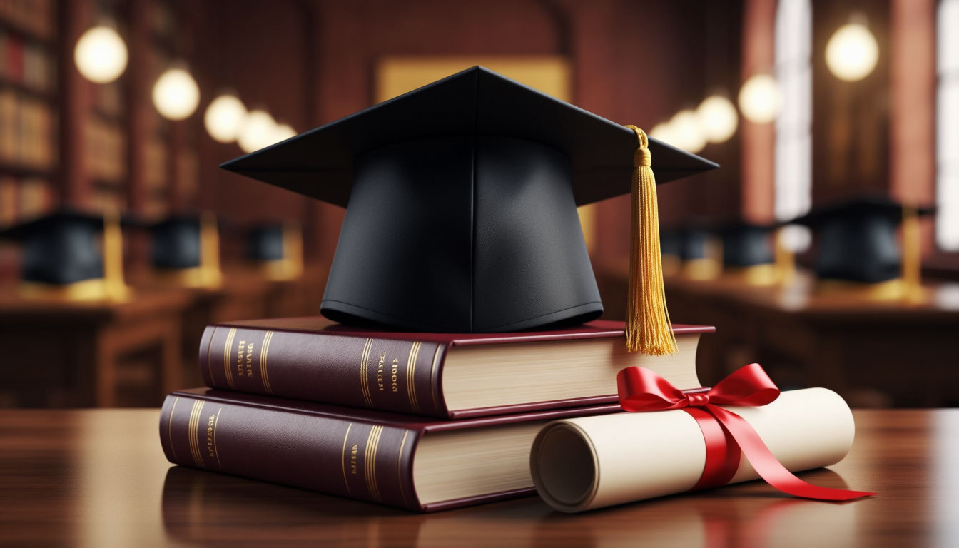 Праздничная открытка с магистерской шапкой и дипломом на книгах.