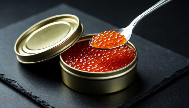 Стандартная банка красной икры 140 грамм, открытая жестяная упаковка деликатеса лососевых рыб.