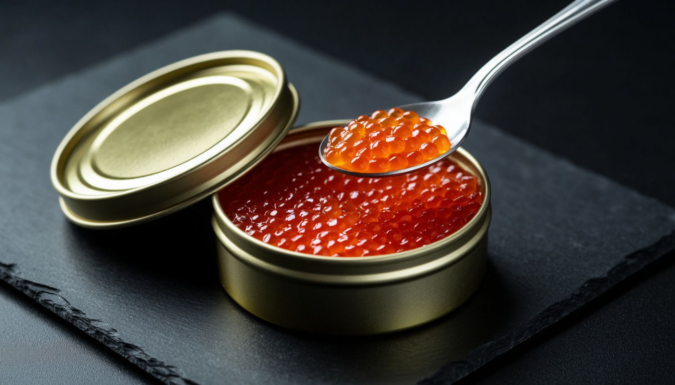 Стандартная банка красной икры 140 грамм, открытая жестяная упаковка деликатеса лососевых рыб.