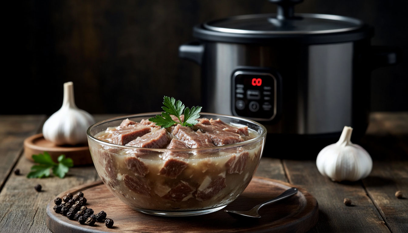 Процесс приготовления прозрачного домашнего холодца в мультиварке с мясом говядины и чесноком.