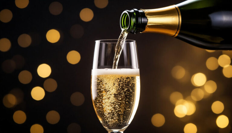 Разлив игристого вина из стандартной бутылки 0.75 литра в бокал на фоне вечернего интерьера.