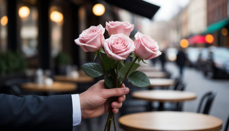 Мужчина держит элегантный букет из трех роз перед первым свиданием в кафе.