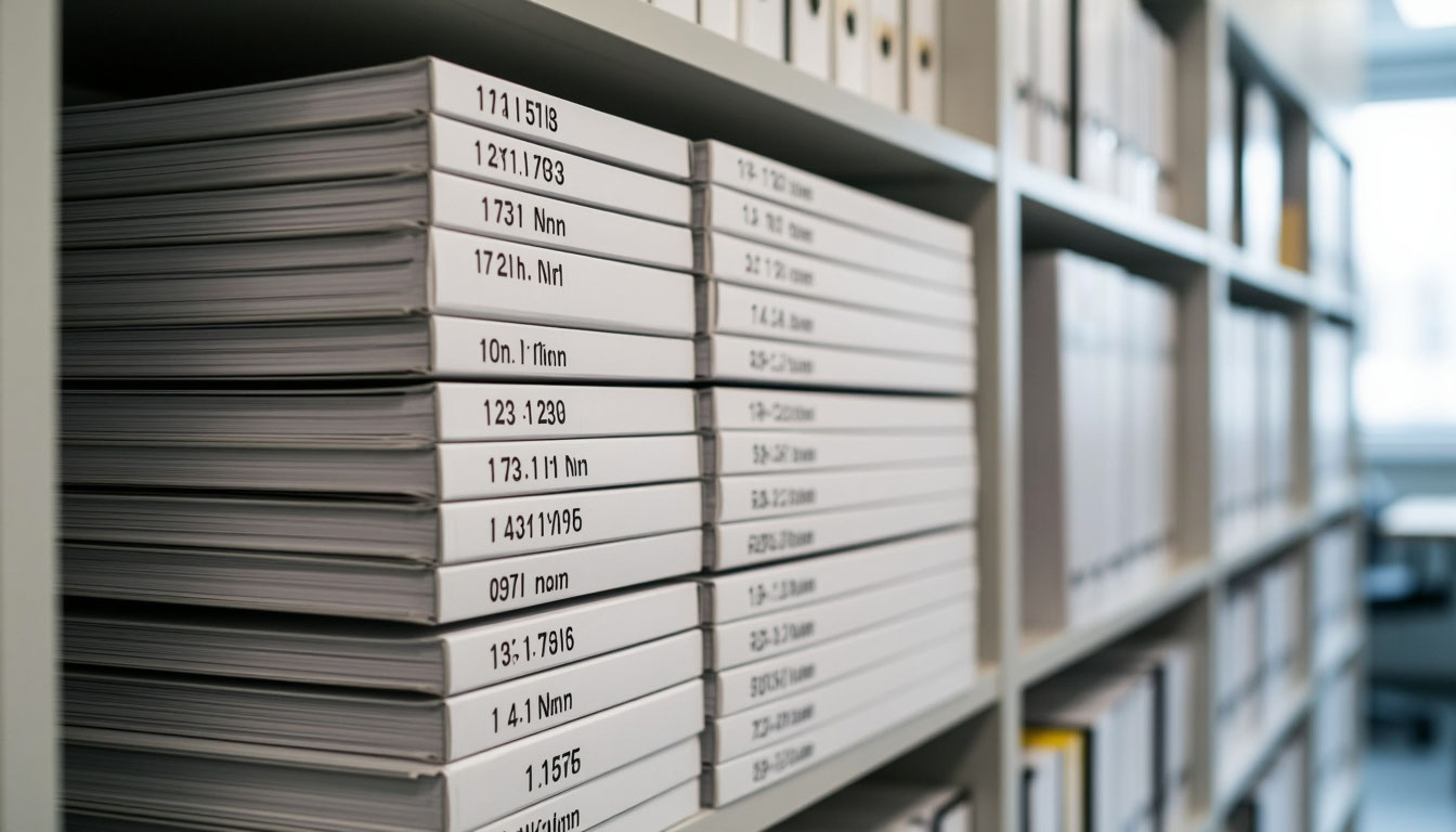 Архивные папки с индексами приказов на полках