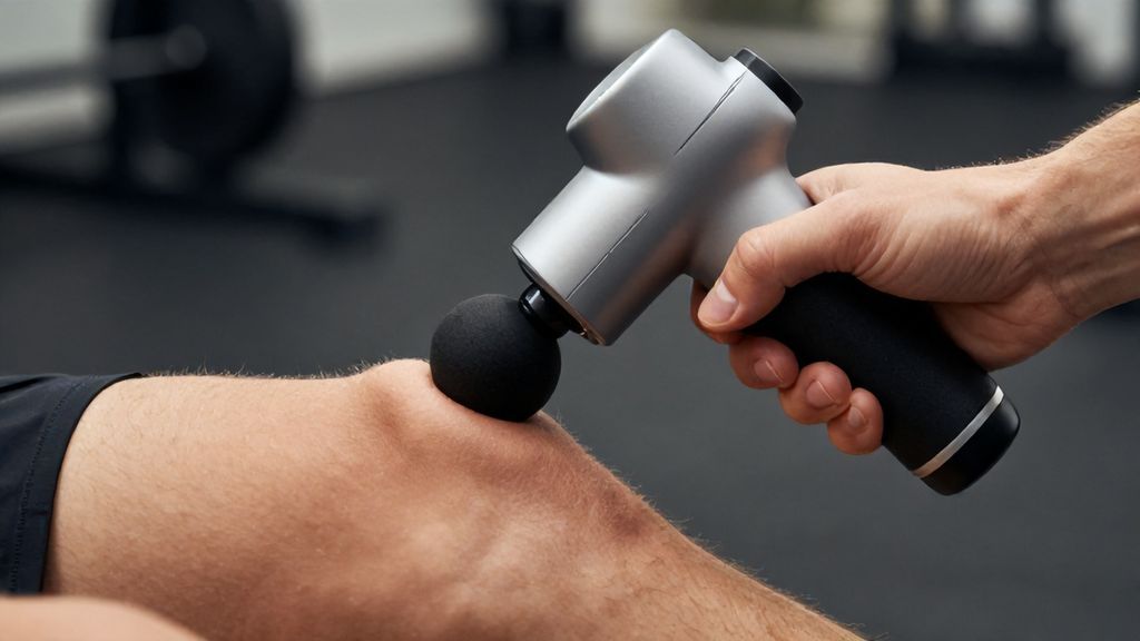 Применение перкуссионного массажного пистолета на икроножной мышце атлета.