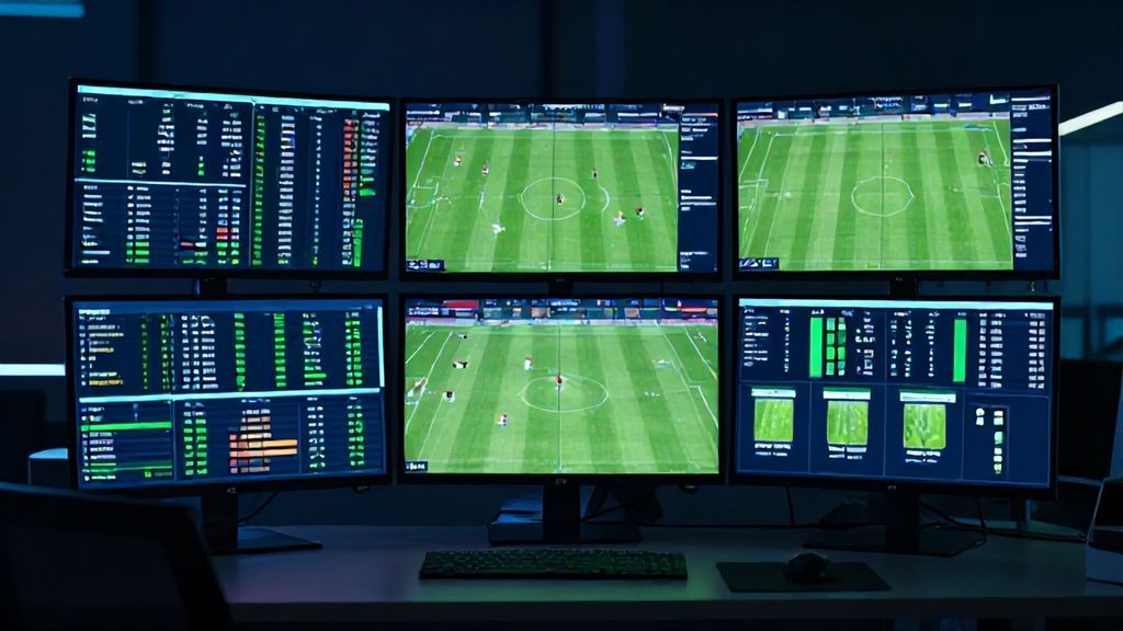 Цифровое рабочее место спортивного аналитика с графиками и данными статистики.