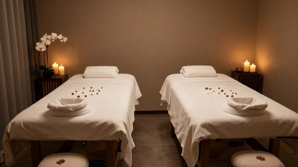 Интерьер спа-кабинета для проведения парного массажа при свечах.