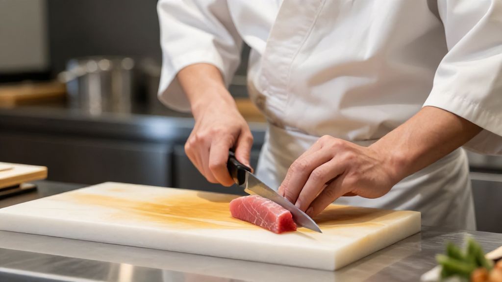 Процесс приготовления суши профессиональным поваром на стерильной кухне.