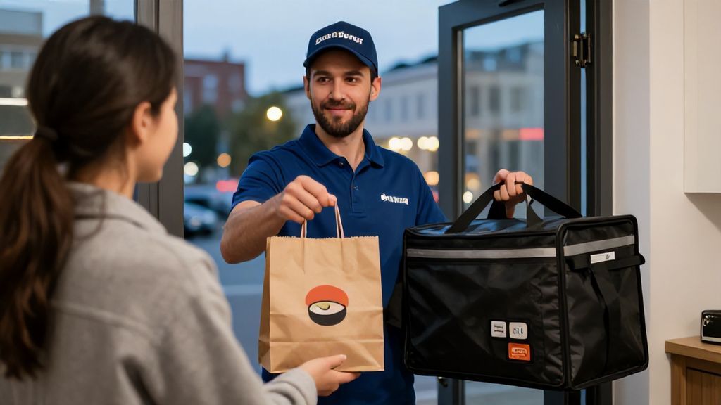 Передача заказа суши курьером клиенту у входа в квартиру.