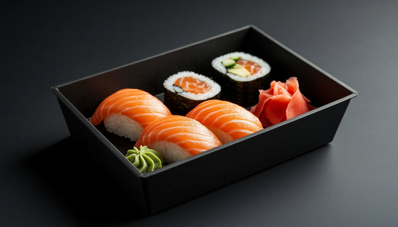 Сет премиальных роллов в стильной упаковке для доставки.