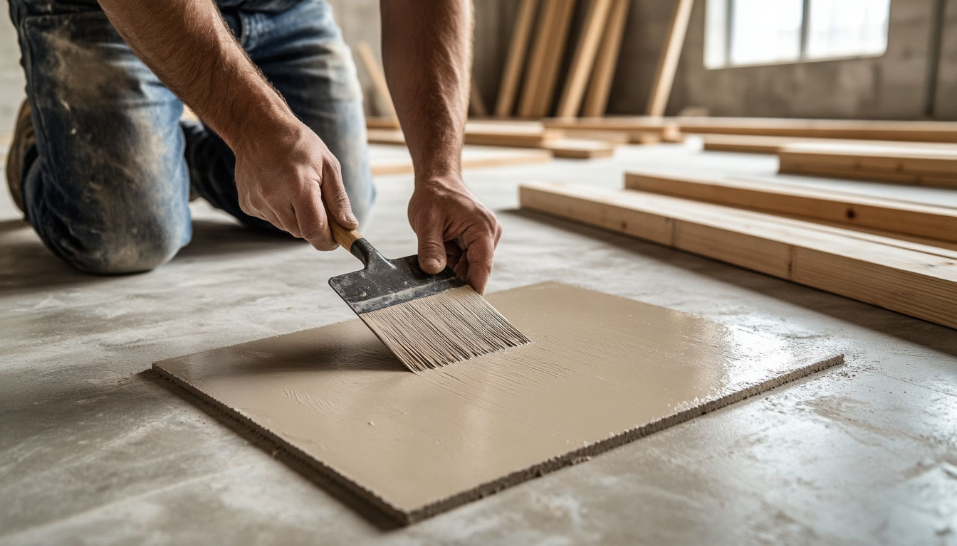 Процесс нанесения силанового клея на бетонное основание перед укладкой паркета.