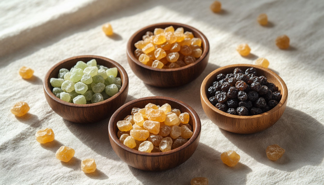 Различные виды и сорта натурального ладана в деревянных чашах.