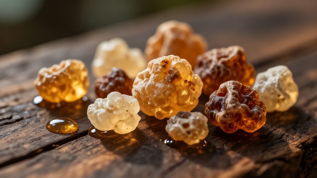 Крупный план натуральных слез ладана золотистого цвета на старом дереве.