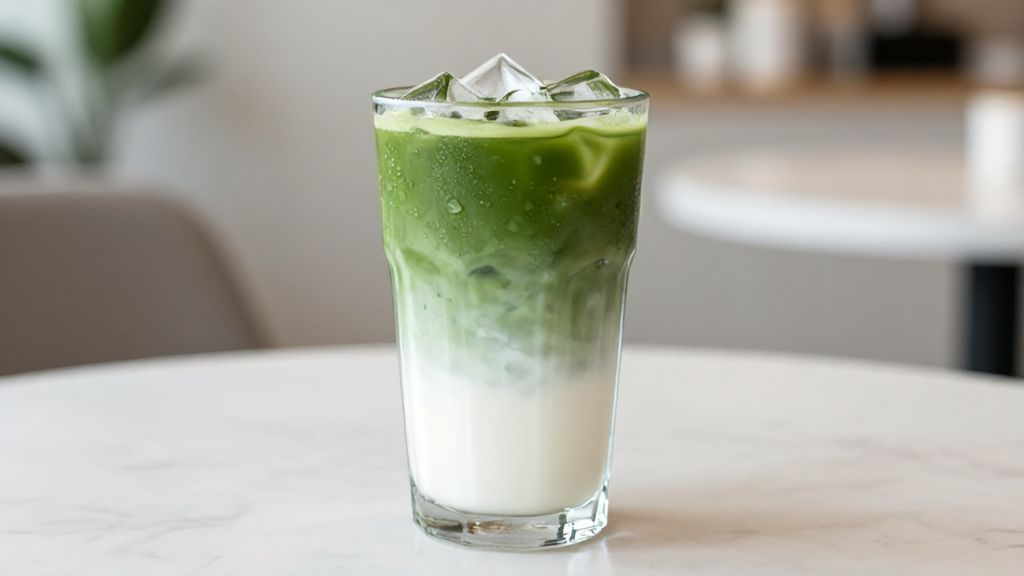 Слоистый ледяной матча-латте в высоком стакане.