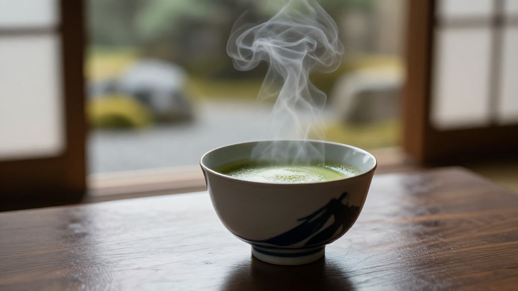 Чаша готового чая матча с густой пеной в японском стиле.