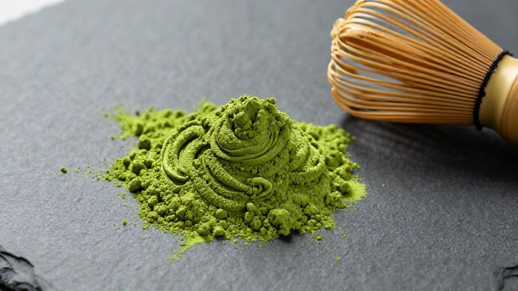 Текстура ярко-зеленого порошка чая матча высшего сорта на темном фоне.