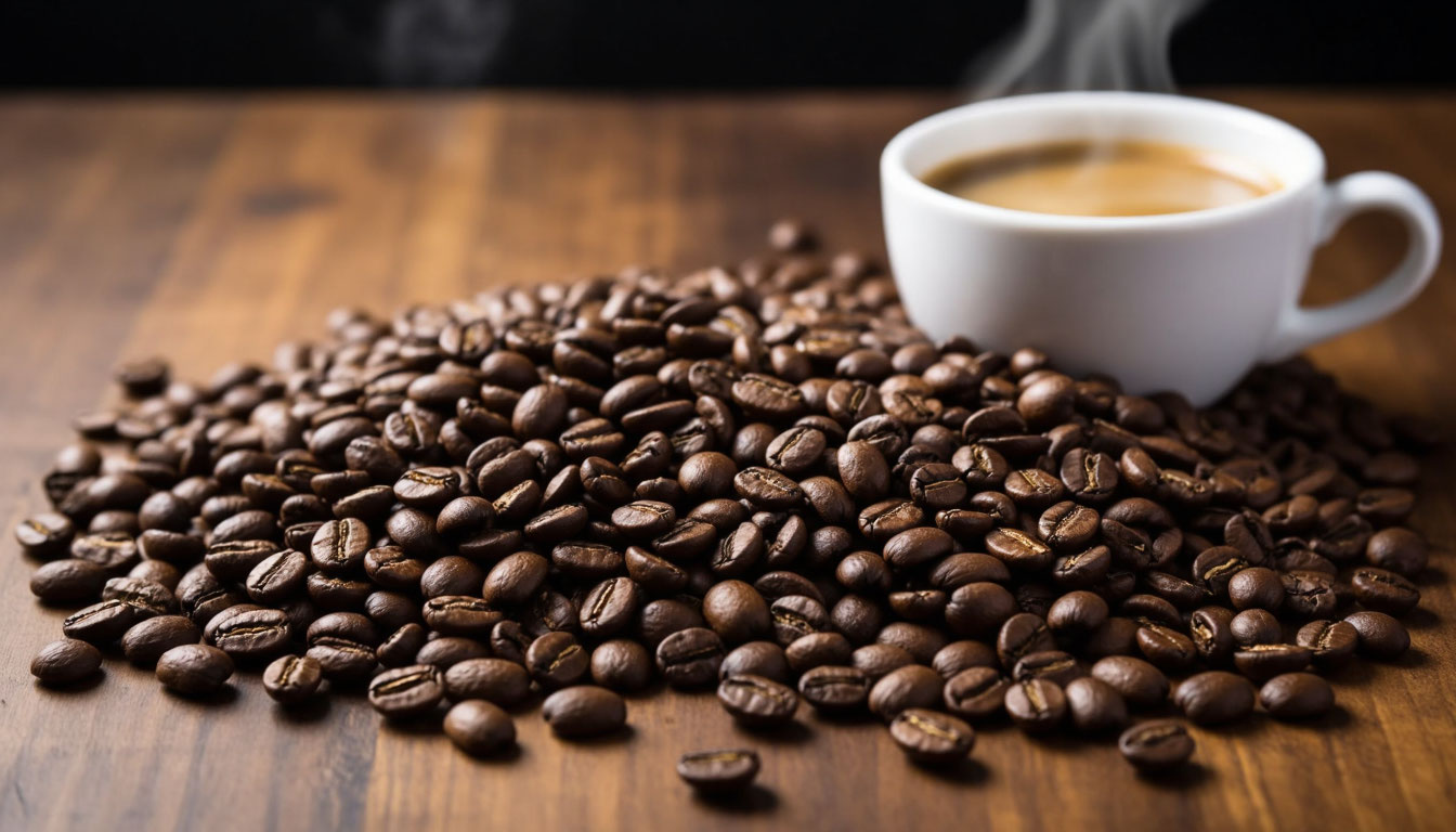 Свежеобжаренные кофейные зерна и чашка эспрессо на деревянном фоне.