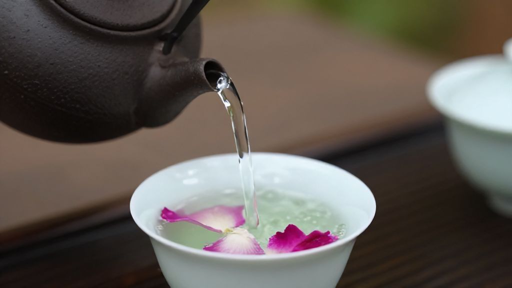Заваривание зеленого чая с лепестками роз в фарфоровой чашке.