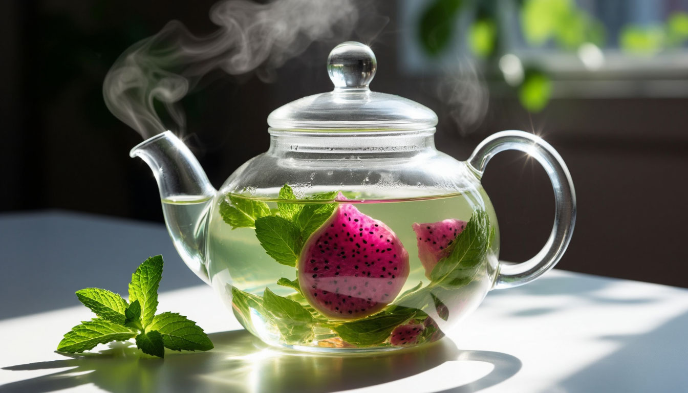 Прозрачный чайник с зеленым чаем, дольками фруктов и мятой.