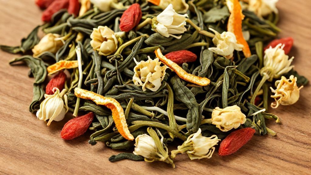 Рассыпной зеленый чай с цветами жасмина, цедрой апельсина и ягодами годжи.