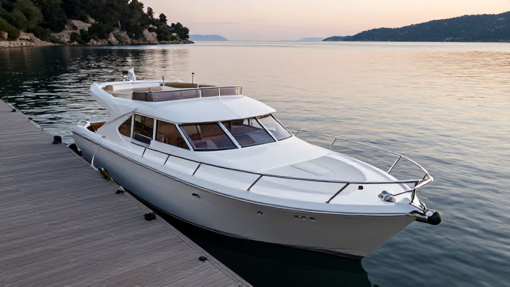 Белоснежный прогулочный катер с каютой в бухте