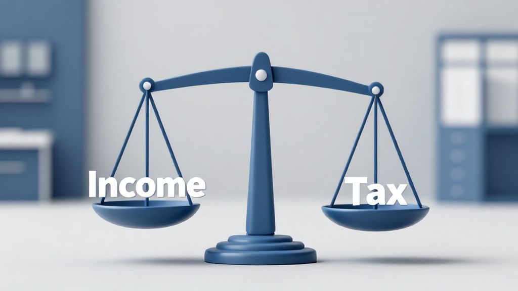 Conceptual illustration of the balance between gross income and tax obligations in New York.
