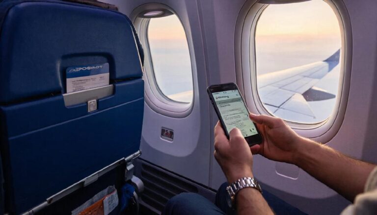 Электронный билет Аэрофлот тарифа ECLR на экране телефона в салоне самолета.