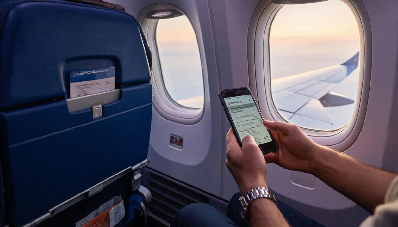 Электронный билет Аэрофлот тарифа ECLR на экране телефона в салоне самолета.