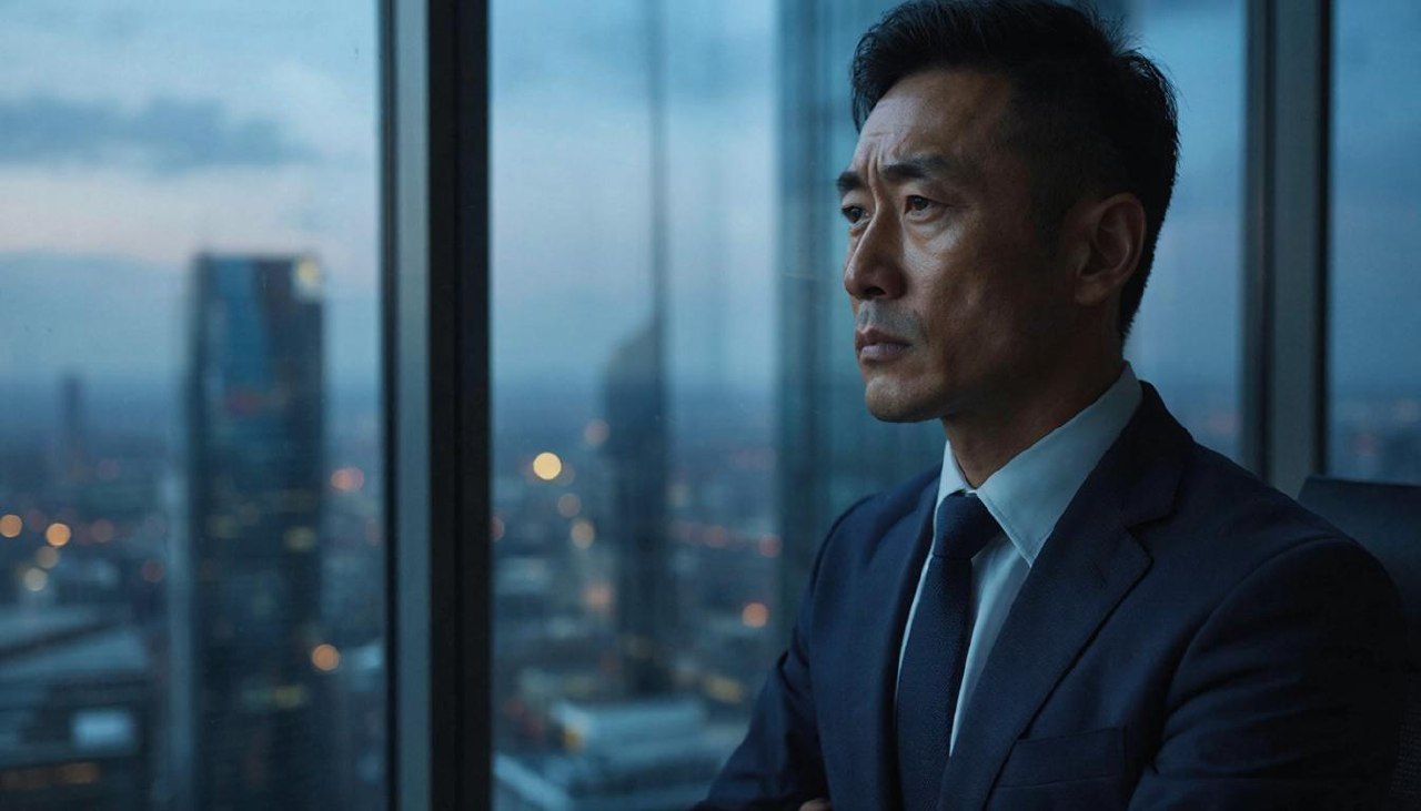 Мужчина размышляет о жизненных целях и социальных ценностях на фоне города