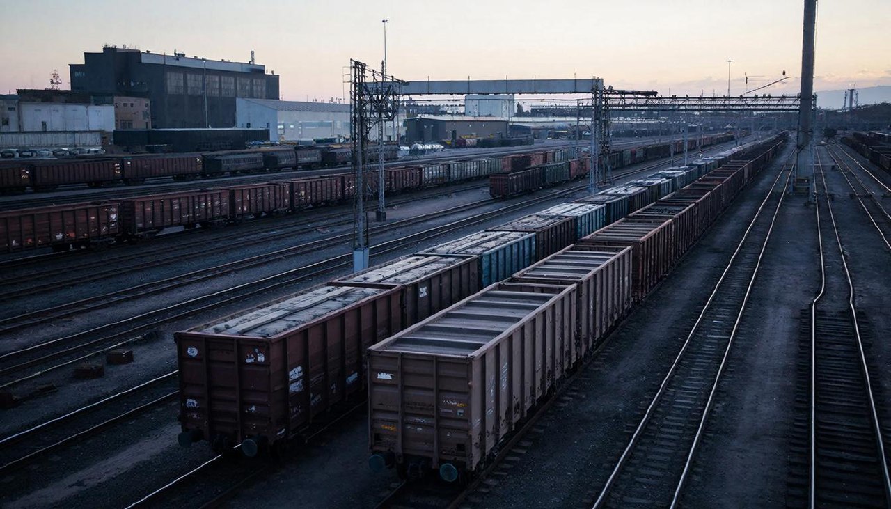 Грузовые вагоны на железнодорожных путях станции назначения